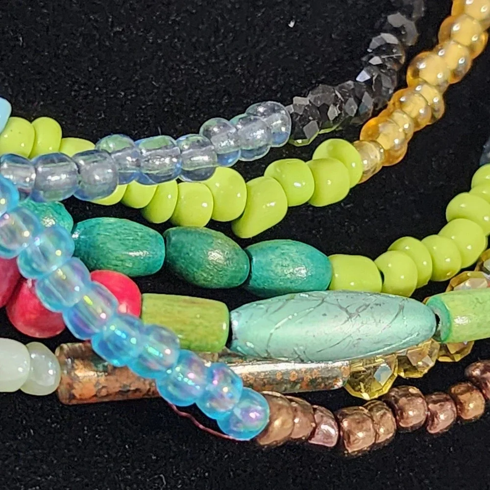 Boho Multi Strand Beaded Necklace Colorful Glass Wood Layered Bib Statement